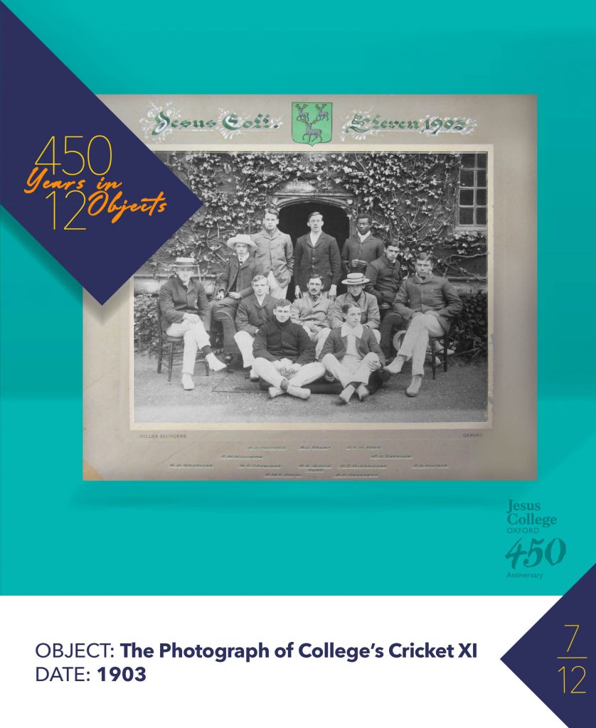 450th anniversary image of College cricket team with men lined up in 3 rows.